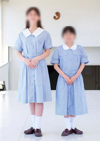 清泉女学院の盛夏服｜ブルーワンピース2種類（角襟ストライプ・丸襟ギンガムチェック）