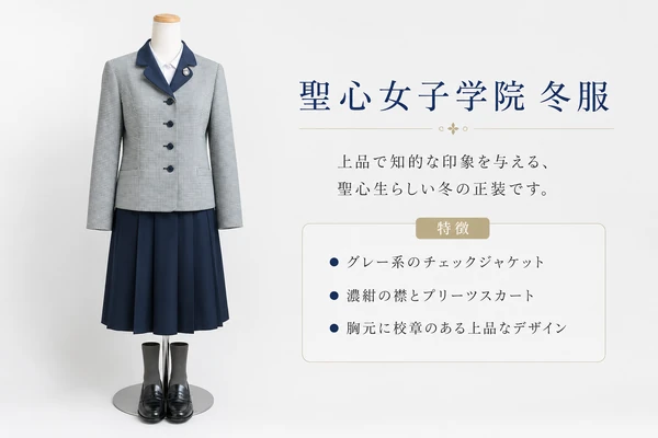 聖心女子学院の冬服。グレー系のチェックジャケットに濃紺の襟、プリーツスカート、胸元に校章をあしらった上品で知的な印象の正装デザイン