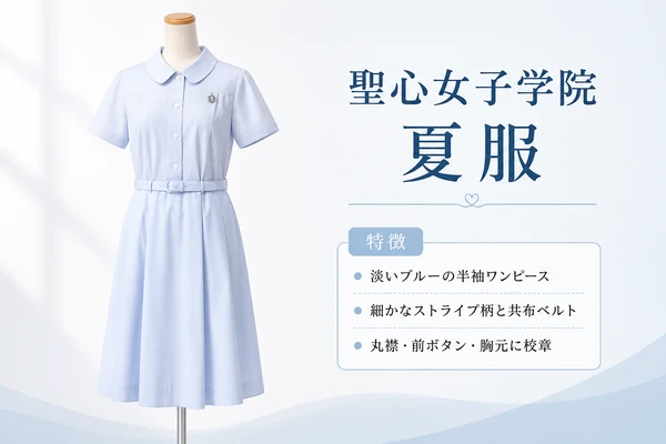 聖心女子学院の夏服。淡いブルーの半袖ワンピースに細かなストライプ柄と共布ベルト、丸襟・前ボタン・胸元に校章をあしらった清涼感のあるデザイン
