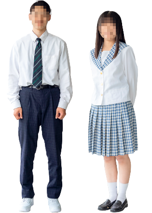 聖和学園高等学校の夏服を着用した男女生徒（男子はワイシャツとネクタイ、女子は白ベストとチェックスカート）