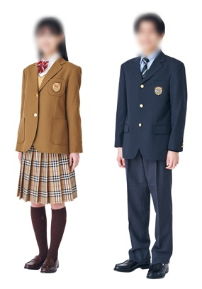 志学館高等部の冬服｜女子はブラウンブレザーに茶系タータンチェックスカート、男子はネイビーブレザーとグレースラックス