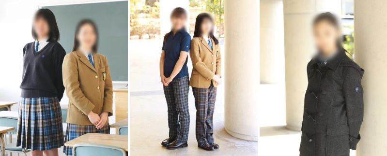 品川女子学院の制服：高等部ネクタイ着用スタイル（左）・スラックス着用スタイル夏冬（中）・グレーダッフルコート（右）