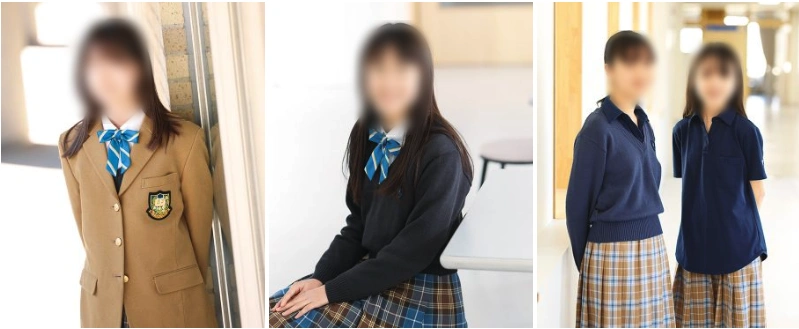 品川女子学院の制服一覧：キャメルブレザー冬服（左）・紺セーター着用スタイル（中）・夏服ポロシャツスタイル2名（右）