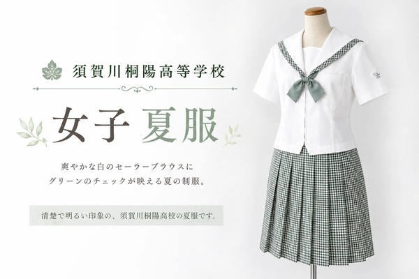 須賀川桐陽高等学校の女子夏服|白いセーラーブラウスにグリーンのチェックスカートとグリーンリボンを合わせた制服