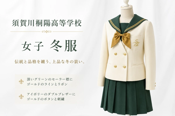 須賀川桐陽高等学校の女子冬服|アイボリーのダブルブレザーに深いグリーンのセーラー服・ゴールドのリボンを合わせた制服
