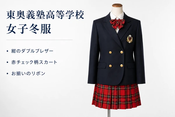 東奥義塾高等学校 女子冬服｜紺のダブルブレザーと赤チェック柄スカート