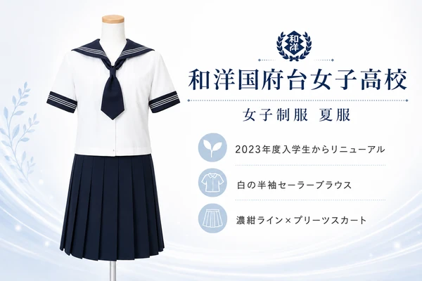 和洋国府台女子高校の夏服。白の半袖セーラーブラウスに濃紺ライン、濃紺プリーツスカートを合わせた伝統的なセーラー服スタイル。2023年度入学生からのリニューアル仕様