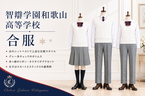 智弁和歌山高校（智辯学園和歌山）の合服。白のニットベストにグレー系チェックのスカート・スラックス、赤×紺のリボンとネクタイを合わせた制服の着用イメージ