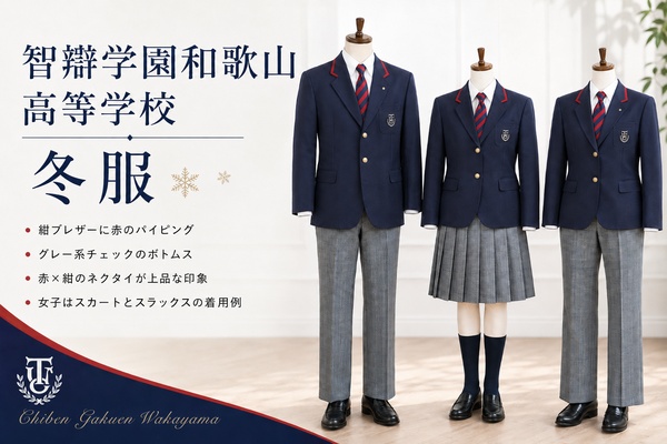 智辯学園和歌山高等学校の冬服。赤いパイピングの紺ブレザーにグレー系チェックのボトムス、赤×紺ネクタイを合わせた制服の着用イメージ