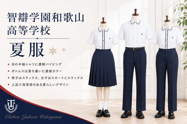 智辯学園和歌山高等学校の夏服。濃紺パイピングの白い半袖シャツと濃紺のスカート・スラックスを合わせた、清潔感のある制服の着用イメージ