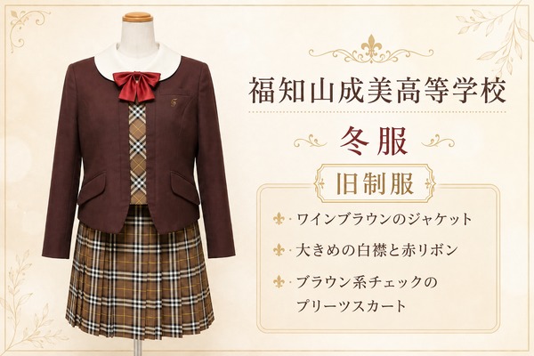 福知山成美高等学校の旧制服・冬服(ワインブラウンのジャケットに白襟ブラウス・赤リボン、ブラウン系チェックのプリーツスカート)