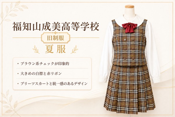 福知山成美高等学校の旧制服・夏服(ブラウン系チェックのベストとスカート、白襟ブラウスに赤リボン)
