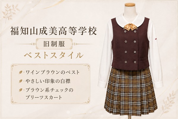 福知山成美高等学校の旧制服・ベストスタイル(ワインブラウンのベストに白襟ブラウス、ブラウン系チェックのプリーツスカート)