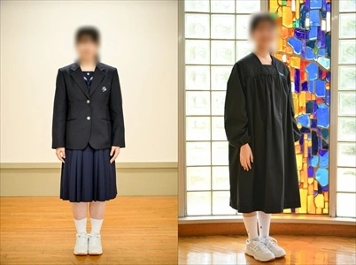 函館白百合学園の制服買取対象のブレザーとタブリエ(指定の作業着)