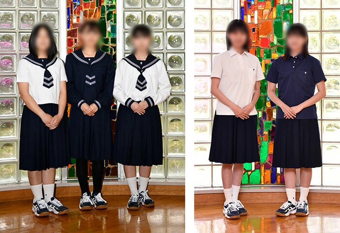 函館白百合学園の制服買取対象のセーラー服。白地に濃紺の夏服と濃紺の冬服、指定ポロシャツ