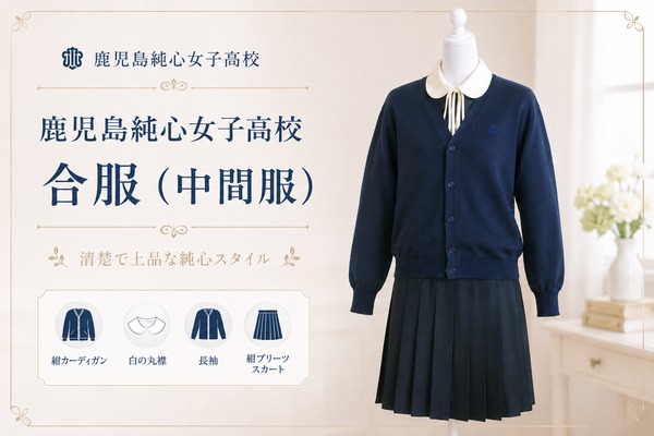 鹿児島純心女子高校の合服・中間服(紺カーディガン・白の丸襟・紺プリーツスカート)は制服買取の対象