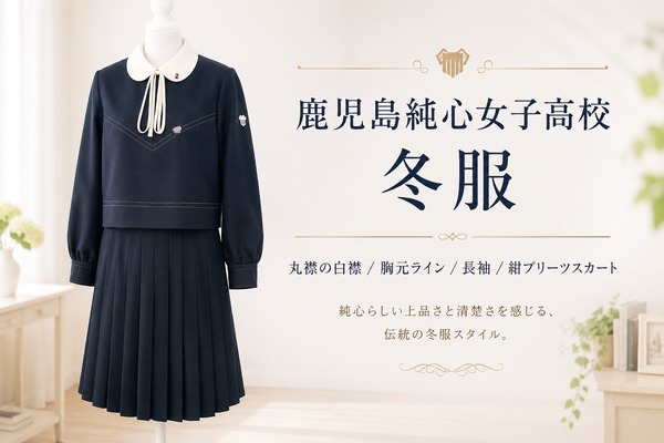 鹿児島純心女子高校の冬服(丸襟の白襟・胸元ライン・紺プリーツスカート)は制服買取の対象