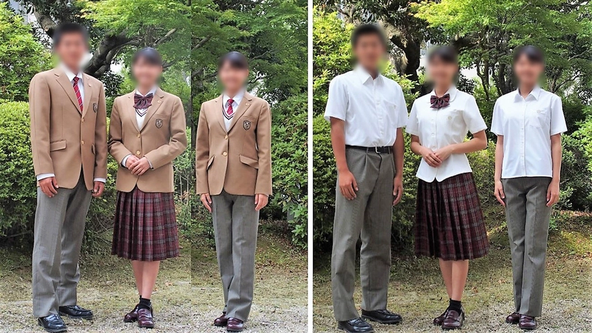 神埼清明高校の制服。キャメル色ブレザーの冬服と白シャツ・赤系チェックスカートの夏服を着用した男女の生徒