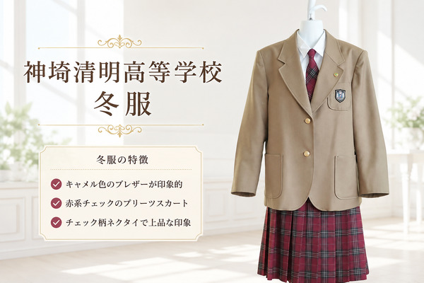神埼清明高校の冬服。キャメル色のブレザーに赤系チェックのプリーツスカートとチェック柄ネクタイの女子制服