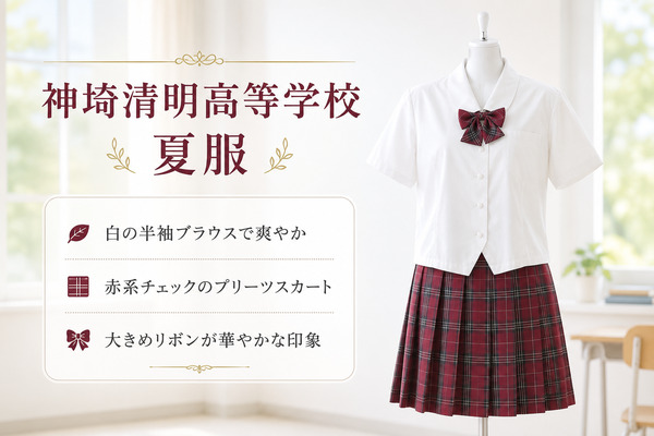 神埼清明高校の夏服。白の半袖ブラウスに赤系チェックのプリーツスカート、大きめリボンの女子制服