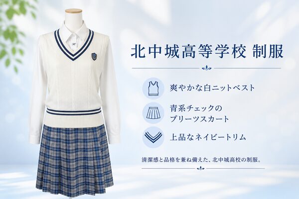 北中城高等学校の制服の白ニットベスト。ネイビートリムと青系チェックのプリーツスカートの組み合わせ