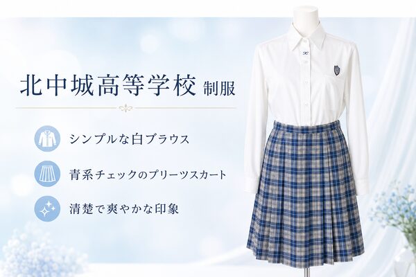 北中城高等学校の夏服の制服。シンプルな白ブラウスと青系チェックのプリーツスカート