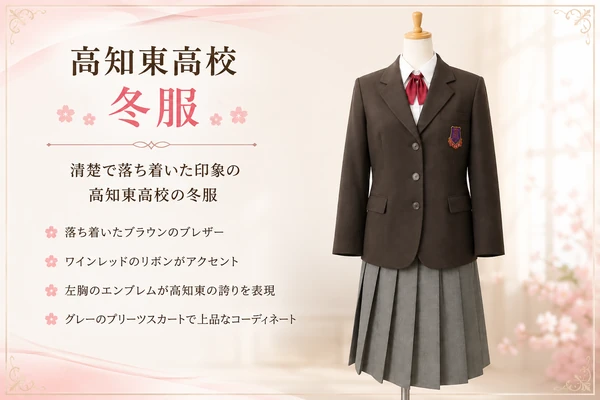 高知東高校の冬服制服（ブラウンのブレザー・ワインレッドのリボン・左胸エンブレム・グレーのプリーツスカート）