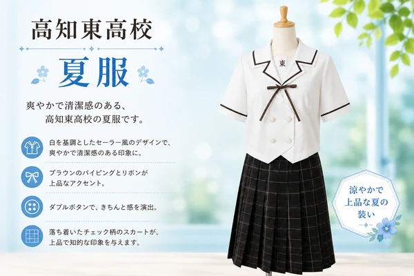 高知東高校の夏服制服（白のセーラー風ブラウス・ブラウンのパイピングとリボン・チェック柄スカート）