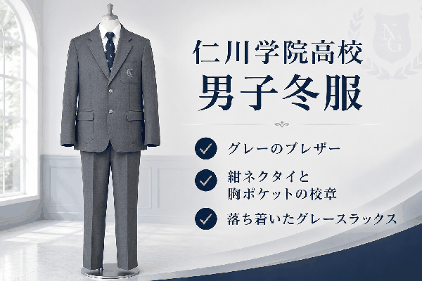仁川学院の男子冬服。グレーのブレザーに紺ネクタイ、胸ポケットの校章、グレースラックスの制服