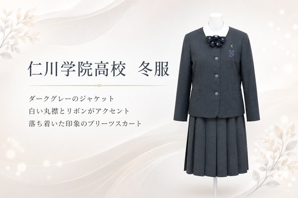 仁川学院の女子冬服。ダークグレーのジャケットに白い丸襟とリボン、プリーツスカートを合わせた制服