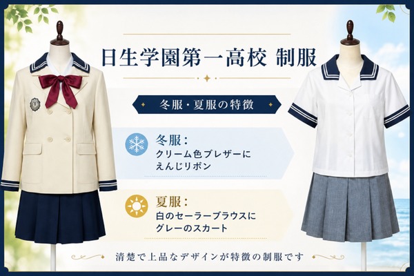 日生学園第一高校の制服 冬服と夏服の特徴比較｜クリーム色ブレザーにえんじリボンの冬服と白いセーラーブラウスの夏服