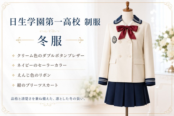 日生学園第一高校の冬服制服｜クリーム色のダブルボタンブレザーとネイビーのセーラーカラー、えんじ色リボン、紺のプリーツスカート