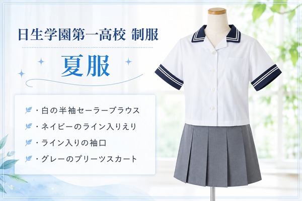 日生学園第一高校の夏服制服｜ネイビーライン入りの白い半袖セーラーブラウスとグレーのプリーツスカート