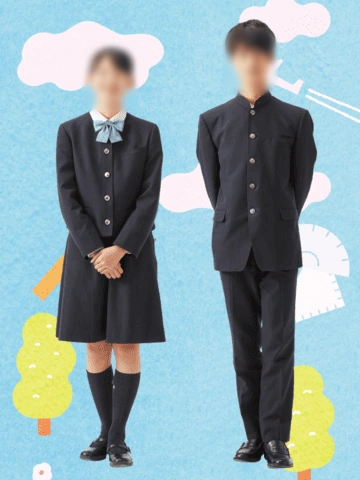 岡山学芸館清秀中学校の制服。男子は詰襟(マオカラー)、女子はボレロタイプの紺の正装スタイル