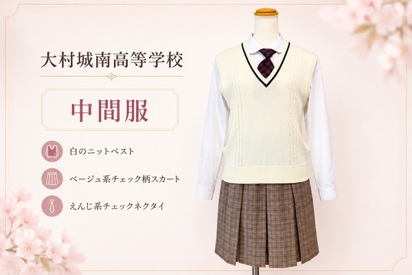 大村城南高校の中間服のイメージ画像(白のニットベスト・ベージュ系チェック柄スカート・えんじ系チェックネクタイ)