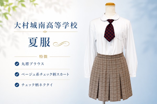 大村城南高校の夏服のイメージ画像(丸襟ブラウス・ベージュ系チェック柄スカート・チェック柄ネクタイ)