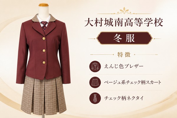大村城南高校の冬服のイメージ画像(えんじ色ブレザー・ベージュ系チェック柄スカート・チェック柄ネクタイ)