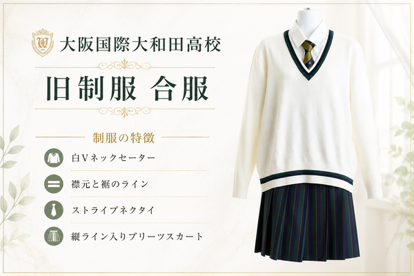 大阪国際大和田高校の旧制服（合服）｜白Vネックセーターとストライプネクタイ、縦ライン入りプリーツスカートの組み合わせ。ラミパスの買取強化指定アイテム