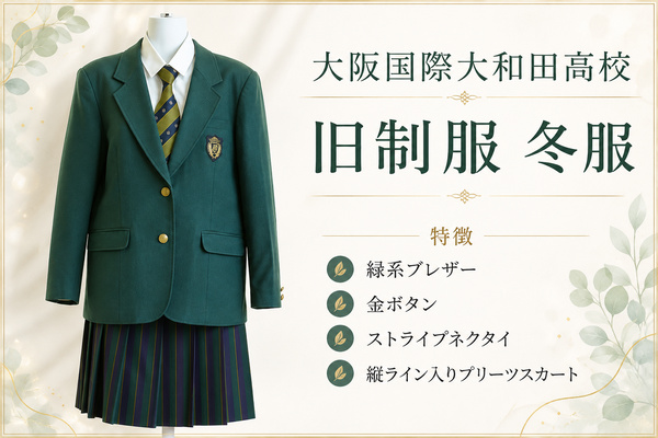 大阪国際大和田高校の旧制服（冬服）｜金ボタン付きの緑系ブレザーとストライプネクタイ、縦ライン入りプリーツスカート。ラミパスの買取強化指定アイテム