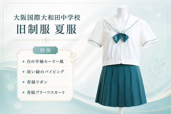 大阪国際大和田中学校の旧制服（夏服）｜淡い緑のパイピング入り白の半袖セーラー風トップスと青緑リボン、青緑プリーツスカート。ラミパスの買取強化指定アイテム