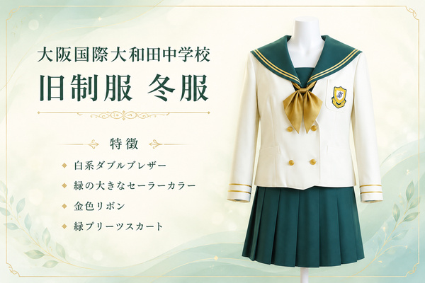大阪国際大和田中学校の旧制服（冬服）｜緑の大きなセーラーカラーが特徴の白系ダブルブレザーと金色リボン、緑プリーツスカート。ラミパスの買取強化指定アイテム
