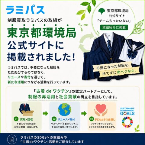 制服買取ラミパスの取組が東京都環境局公式サイト「チームもったいない」の取組紹介に掲載されたことを伝えるバナー。古着deワクチンを通じた制服のリユース・寄付活動を紹介