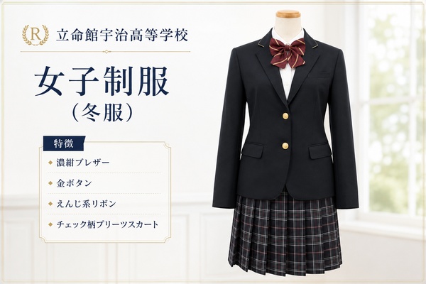 立命館宇治高等学校の女子制服(冬服)。濃紺ブレザーに金ボタン、えんじ色リボン、チェック柄プリーツスカート
