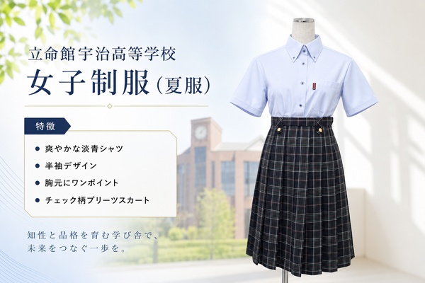 立命館宇治高等学校の女子制服(夏服)。淡いブルーの半袖シャツと濃紺チェック柄プリーツスカート
