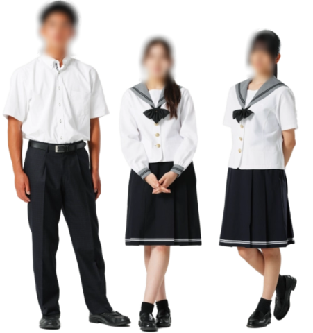 済美高等学校の夏服。男子の半袖シャツと女子の紺色セーラー服（制服買取イメージ）