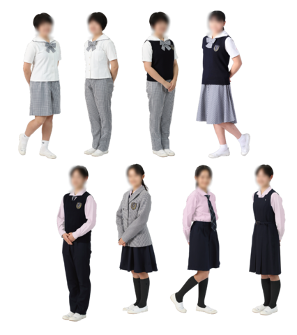聖和女子学院中学校の制服コーディネート例。白ブラウスにリボン、ピンクブラウス、ネイビーのベストやジャンパースカート、グレーチェックのスカート・スラックスなどの組み合わせ