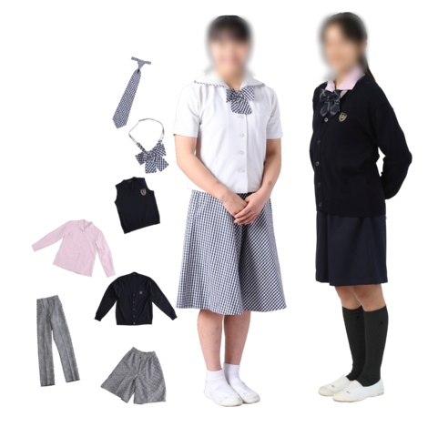 聖和女子学院中学校の制服と指定アイテム一覧。夏服・冬服の着用例と、ネクタイ・リボン・ベスト・ピンクブラウス・カーディガン・スラックスなどの付属品