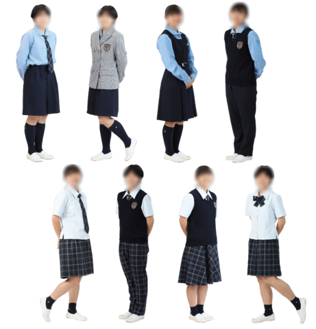 聖和女子学院高等学校の制服コーディネート例。ブルーシャツにネクタイ、チェック柄ジャケット、ネイビーのベストやジャンパースカート、チェックスカート・スラックスなど多彩な組み合わせが可能