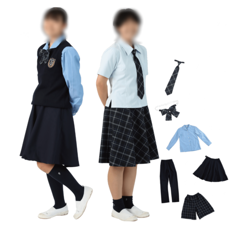 聖和女子学院高等学校の制服と指定アイテム一覧。冬服・夏服の着用例と、ネクタイ・リボン・ブルーシャツ・スラックス・チェック柄スカートなどの付属品