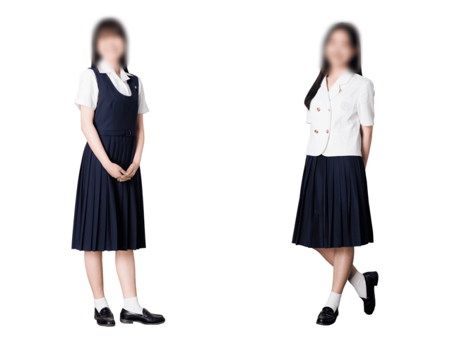 椙山女学園高等学校の夏服(半袖ブラウス+ジャンパースカート)と盛夏服(金ボタンブラウス)